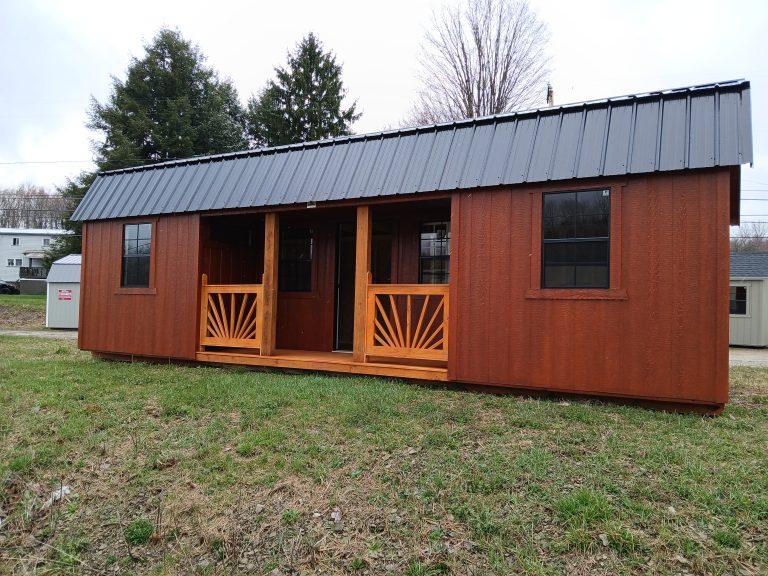 12×28 Lofted Side Porch Cabin – Urethane Mahogany